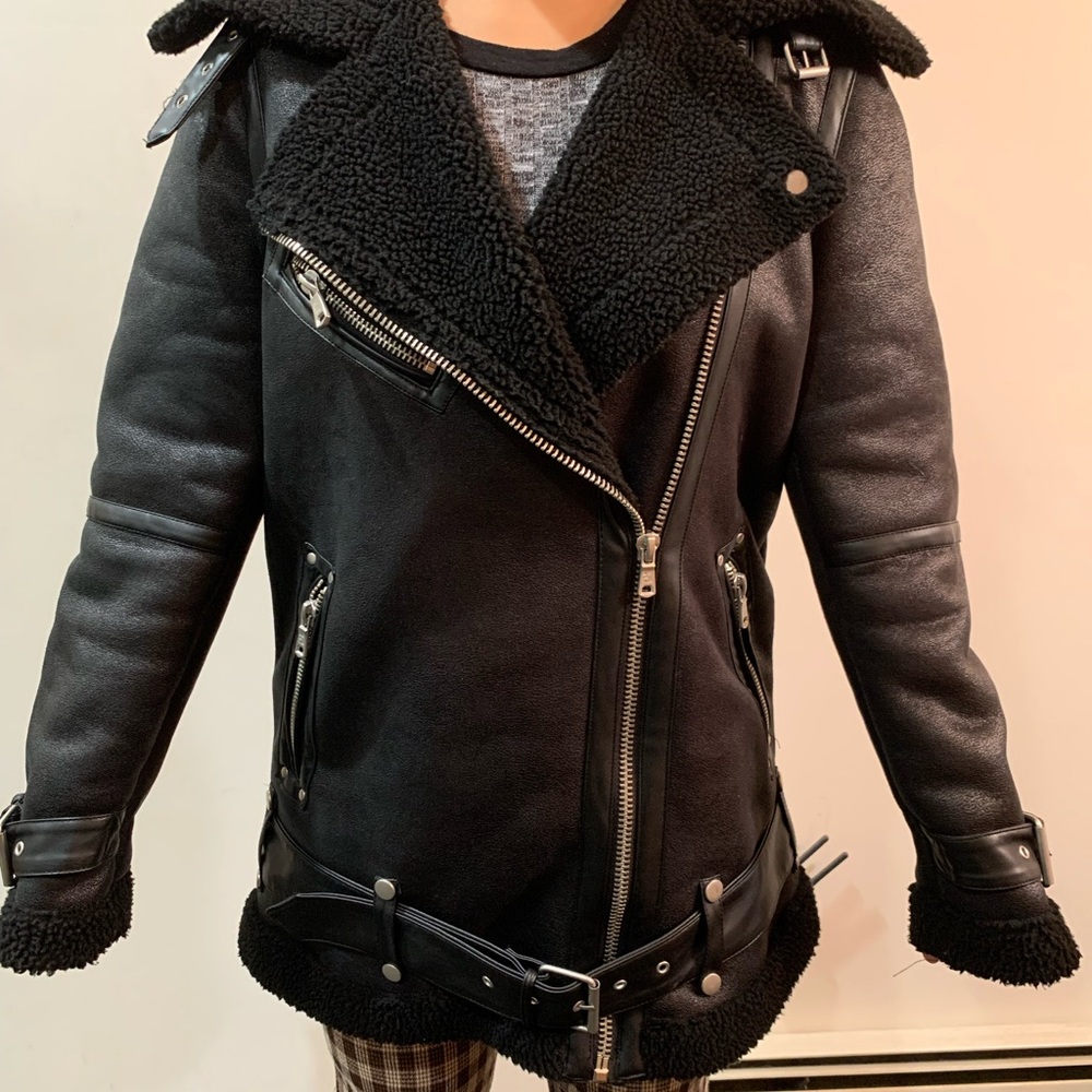 Avec Les Filles Faux Shearling Belted Oversized Biker Coat